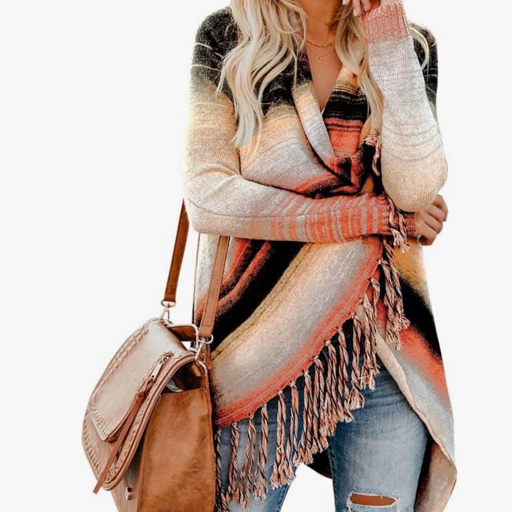 Striped Fringe Poncho - Picture 2 of 6